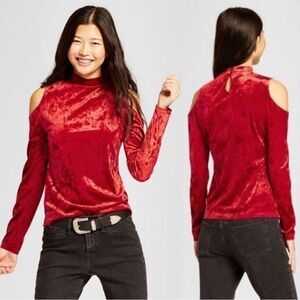 Mossimo Cold Shoulder Mock Neck Crushed Velour Red Top XXL